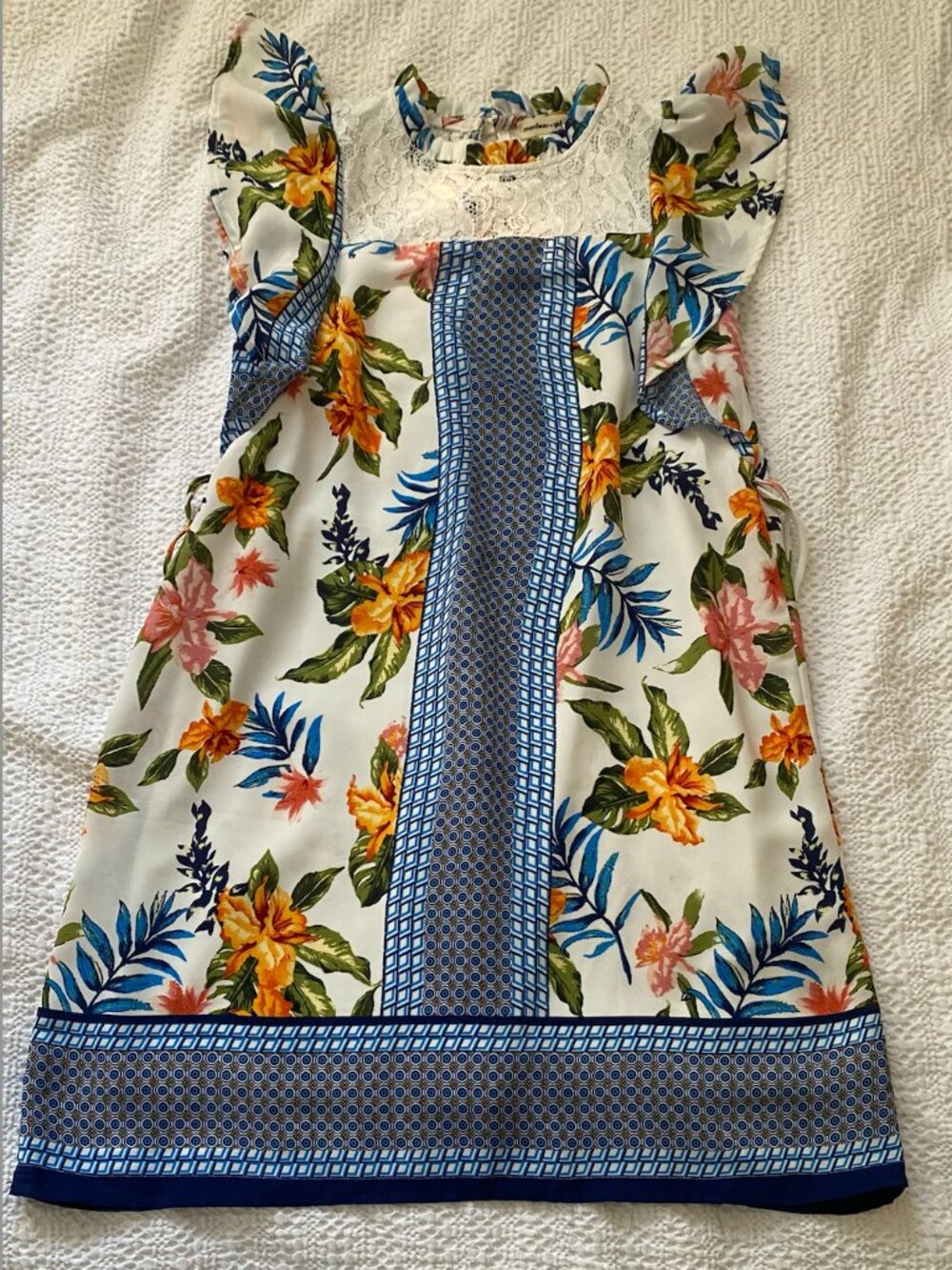 Monteau Girl Floral Geometric Ruffle Lace Shift Dress - Size 12 Girls